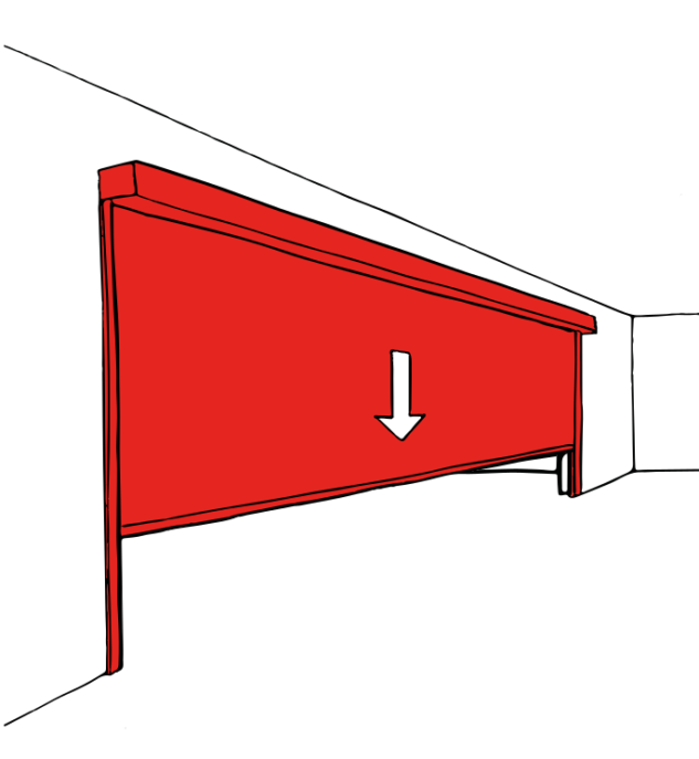 Imagem do tipo mockup mostrando o sentido de fechamento da cortina corta-fogo modelo fibershield-P
