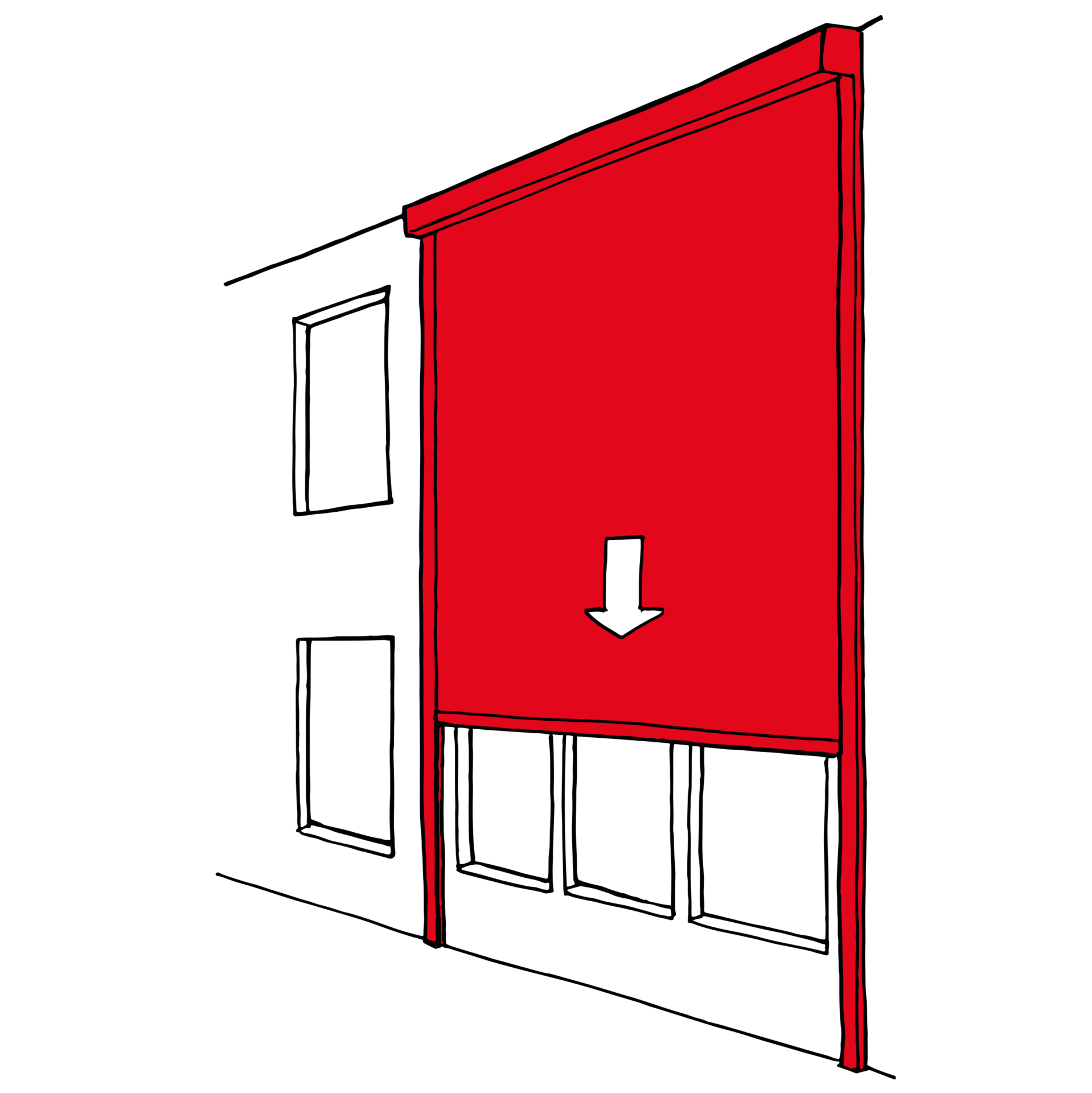Imagem do tipo mockup mostrando o sentido de fechamento da cortina corta-fogo modelo fibershield-F