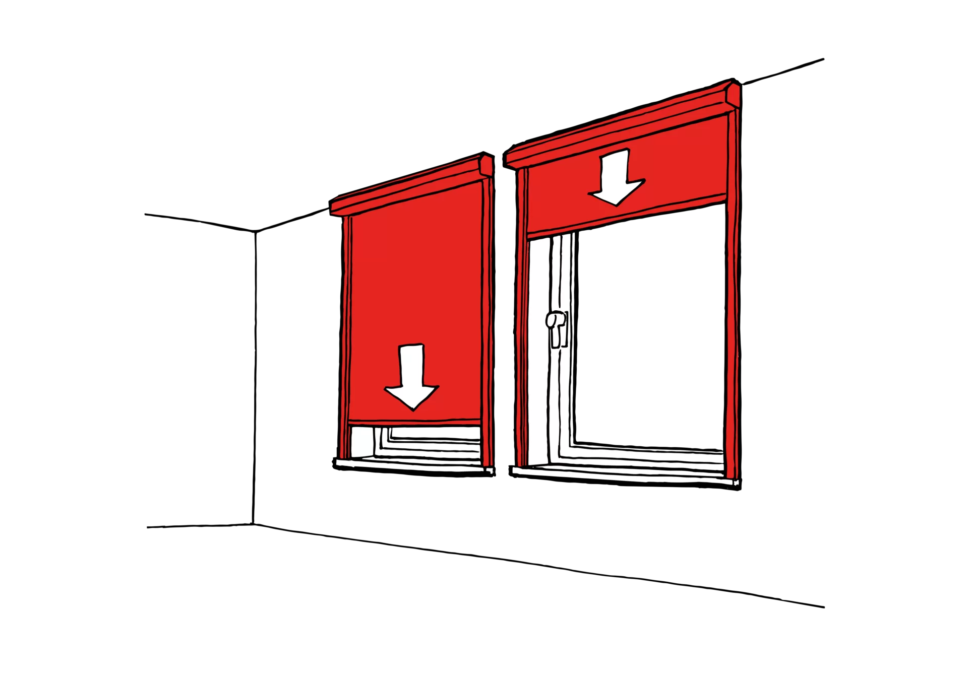Imagem do tipo mockup mostrando o sentido de fechamento da cortina corta-fogo modelo Fibershield-W